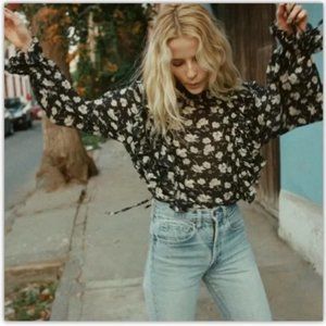 Doen Luca Top - Black Floral Ruffle Tie Waist Blouse